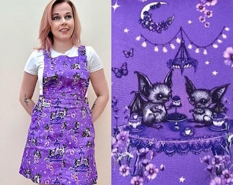 Bats Tea Party Pinafore Dress: Whimsical Stretch Cotton Twill