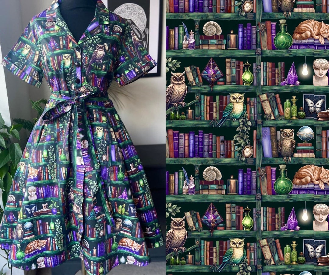 Bookcase Print Shirt Dress: Retro Academia Cottagecore Stretch Cotton (Sizes 6-28)