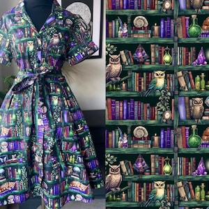 Abito camicia con stampa a libreria: Retro Academia Cottagecore Stretch Cotton (taglie 8-28)