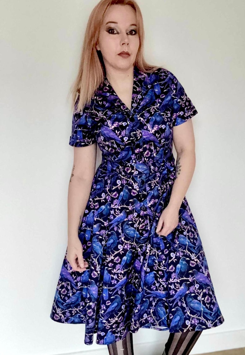 Crow & Raven Print Shirt Dress: Gothic Witchy Stretch Cotton image 3