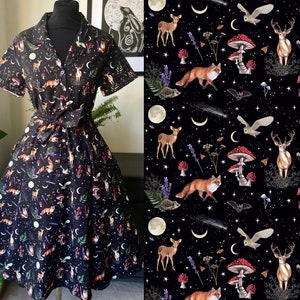 Dark Forest Retro Shirt Dress. Jambats. Stunning Forest Print in Stretch Cotton. Whimsical Dark Cottagecore Dress. Sizes 6-28