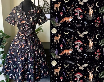 Dark Forest Retro Shirt Dress. Jambats. Stunning Forest Print in Stretch Cotton. Whimsical Dark Cottagecore Dress. Sizes 6-28