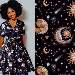 Himmlisches Shirt-Kleid: Retro Sun & Moon Print, Stretch Baumwolle
