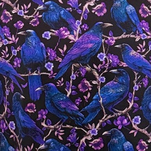 May include: A fabric pattern featuring multiple blue and purple ravens perched on branches with purple flowers against a black background. The ravens have detailed feathers and are in various poses.