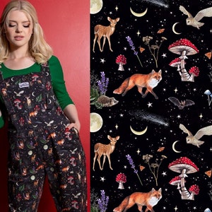 Dark Forest Dungarees. Jambats. Stunning Forest Print in Soft Stretch Cotton.Whimsical Dark Cottagecore Dungarees.Sizes 3XS 6XL. 4XS