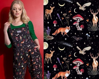 Dark Forest Dungarees. Jambats. Stunning Forest Print in Soft Stretch Cotton.Whimsical Dark Cottagecore Dungarees.Sizes 3XS - 6XL. Pre Order