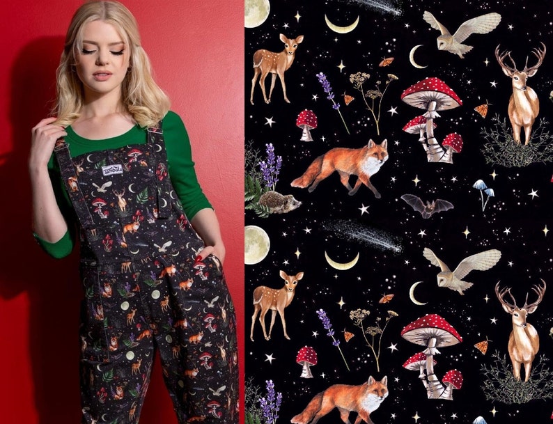 Dark Forest Dungarees. Jambats. Stunning Forest Print in Soft Stretch Cotton.Whimsical Dark Cottagecore Dungarees.Sizes 3XS 6XL. 4XS