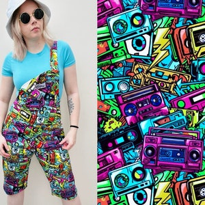 Rewind Shorts Dungarees. Jambats. Retro 80&#39;s 90&#39;s Street Art Style Music Cassettes. Stretch Cotton Shortalls. Alternative. Sizes 4XS - 6XL