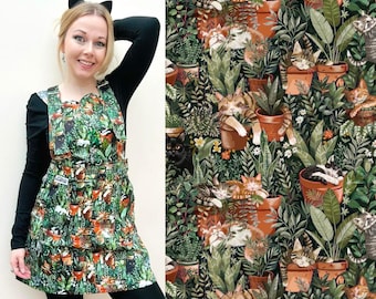 Cat Print Pinafore Dress: Snoozy Kitties & Houseplants, Stretch Cotton