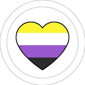 May include: A circular button featuring a heart shape in the center. The heart is divided into four horizontal stripes colored yellow, white, purple, and black. The entire design is enclosed within a thin circular border on a white background.