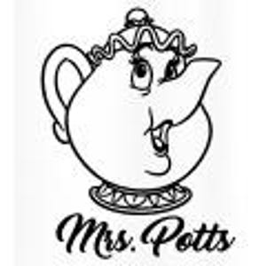May include: A black and white line art illustration of a teapot with a face, featuring a lid with a wavy trim, a curved handle, and a spout. Below the teapot, the text Mrs. Potts is written in a cursive, black script font on a plain background.
