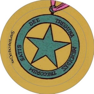 May include: A circular yellow medallion featuring a central teal star enclosed within a teal ring. The ring displays the text "TREGUNA MEKOIDES SATIS DEE" in black lettering. The word "ShipWreckedCove" is printed vertically on the left side.