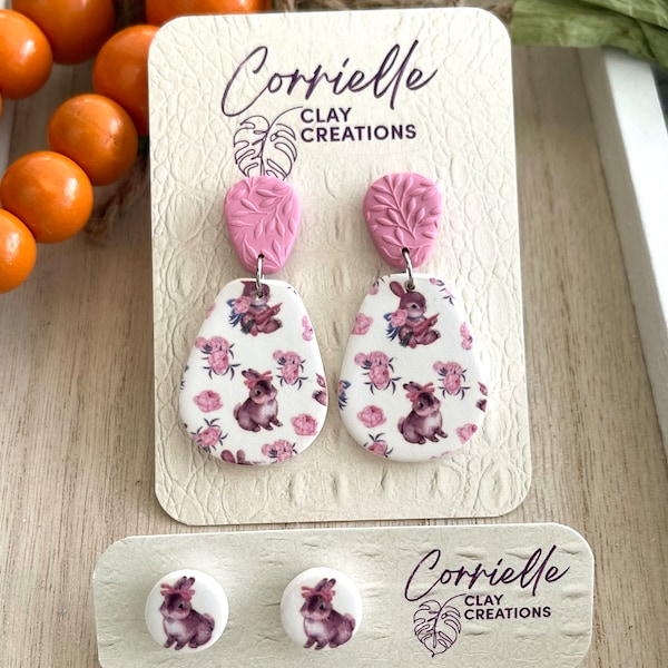 Vintage Floral Bunny Easter Spring Dangle and Stud Polymer Clay Earrings