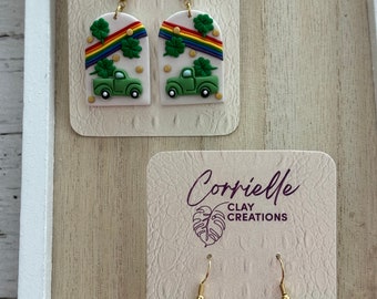 St. Patrick&#39;s Green Truck Filled w/Shamrocks w/Rainbow Heart on Side and Rainbow Shamrock Gold Coin Mini Truck Dangle Polymer Clay Earrings