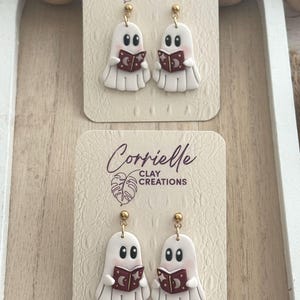 Halloween Fall Blushing Ghost with Book and Glow in the Dark  Moon and Star Polymer Clay Earrings