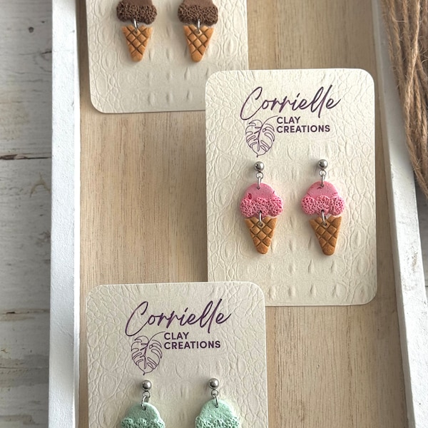 Mint Chocolate Chip Chocolate and Strawberry Ice Cream Cone Polymer Clay Earrings