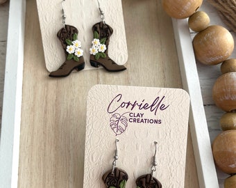 Daisy Floral Cowboy Boot Polymer Clay Earrings