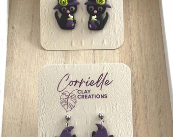 Halloween Black Cat Earrings, Floral Witch Hat, Glow-in-Dark Eyes Polymer Clay