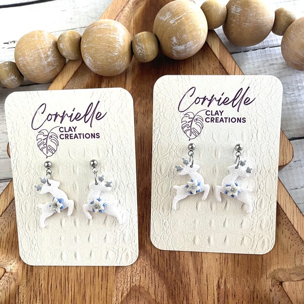 Christmas Holiday Jumping White Reindeer with Pearl Poinsetta Dangle Polymer Clay Earrings