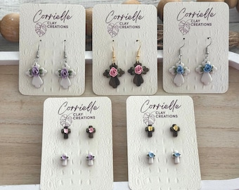 Floral Cross Wood or Pearl Easter Spring Dangle Polymer Clay Earrings