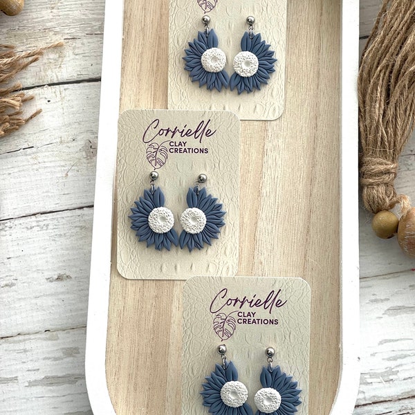 Blue and White Half Daisy Floral Polymer Clay Dangle Earrings