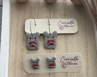 Valentine's Day Mouse with Holographic Glitter Heart Dangle and Stud Polymer Clay Earrings