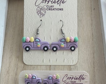 Easter Spring Lavender Truck Filled with Easter Eggs and Stud Polymer Clay Earrings