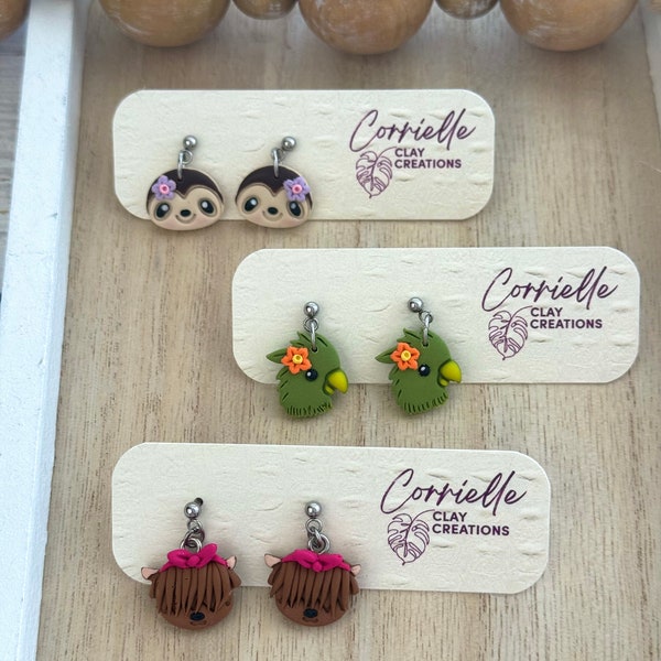 Floral Sloth Parakeet Bird Highland Cow Animal Dangle Polymer Clay Earrings