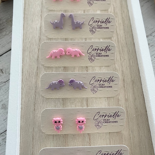 Dinosaur -Brontosaurus and Triceratops and Axolotl Pink and Purple Stud Polymer Clay Earrings