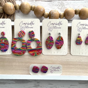 CLEARANCE - Rainbow Colored Mokume Gane Style Dangle and Stud Polymer Clay Earrings