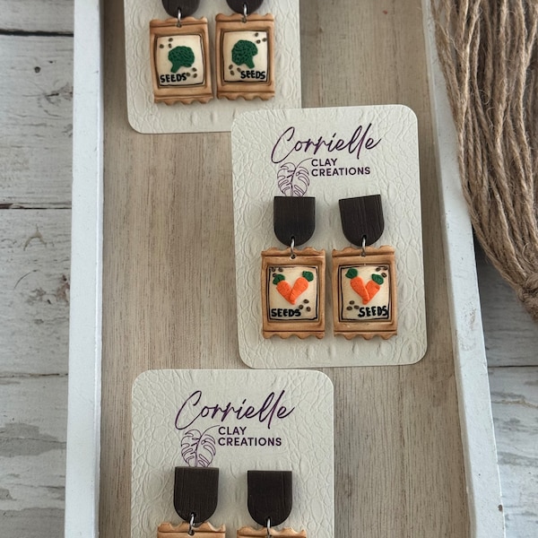 Vegetable Garden Seed Bag Themed Dangle Polymer Clay Earrings with Carrot Radish Broccoli and Seeds