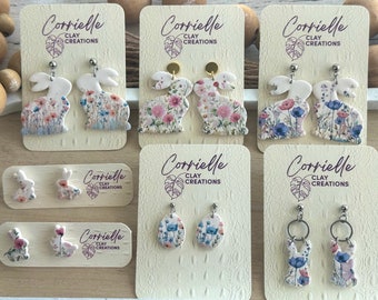 Floral Bunny Easter Spring Dangle and Stud Polymer Clay Earrings