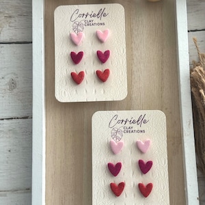 Valentine 3 Pack Glitter Hearts Stud Pack Polymer Clay Earrings - Light Pink, Dark Pink and Red