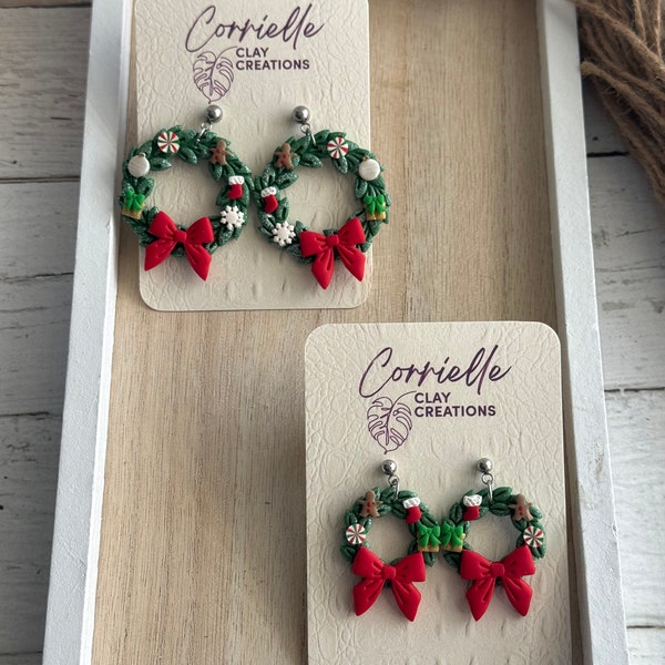 Christmas Holiday Frosted Decorative Green Wreath with Red Bow Polymer Clay Dangle Earrings