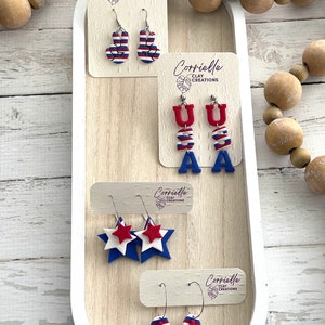Patriotic Red White and Blue Holiday Dangle Polymer Clay Earrings for Memorial Day or July 4th Independence Day