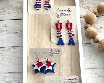 Patriotic Red White and Blue Holiday Dangle Polymer Clay Earrings for Memorial Day or July 4th Independence Day