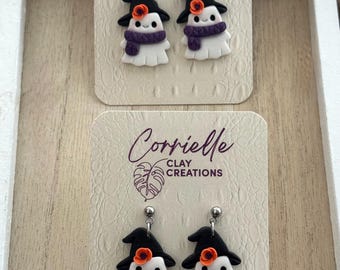 Halloween Fall Floral Witch Ghost with Scarf Polymer Clay Earrings