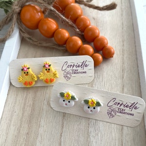 Easter Spring Floral Baby Chick and Lamb Face Polymer Clay Earring Studs