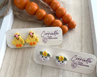 Easter Spring Floral Baby Chick and Lamb Face Polymer Clay Earring Studs