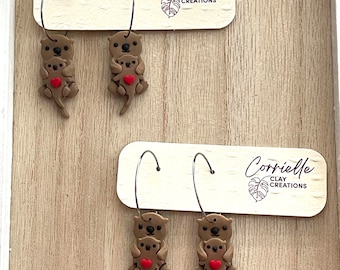 Mommy and Baby Heart Otter Dangle Clay Earrings for Mothers Day