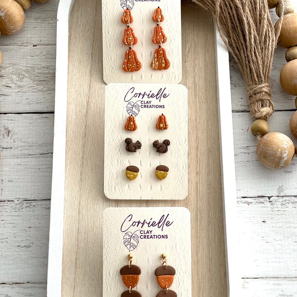 Fall Gold Foil Flecked Triple Pumpkin and Triple Acorn Dangle and Pumpkin/Squirrel/Acorn Stud Pack Polymer Clay Earrings