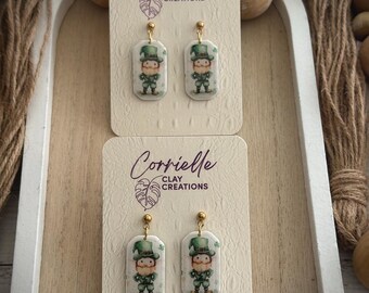 St. Patrick&#39;s Day Irish Leprechaun Image Coated in UV Resin Dangle Polymer Clay Earrings