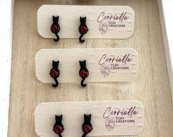Halloween bloemen zwarte kat roos polymeerklei oorknopjes