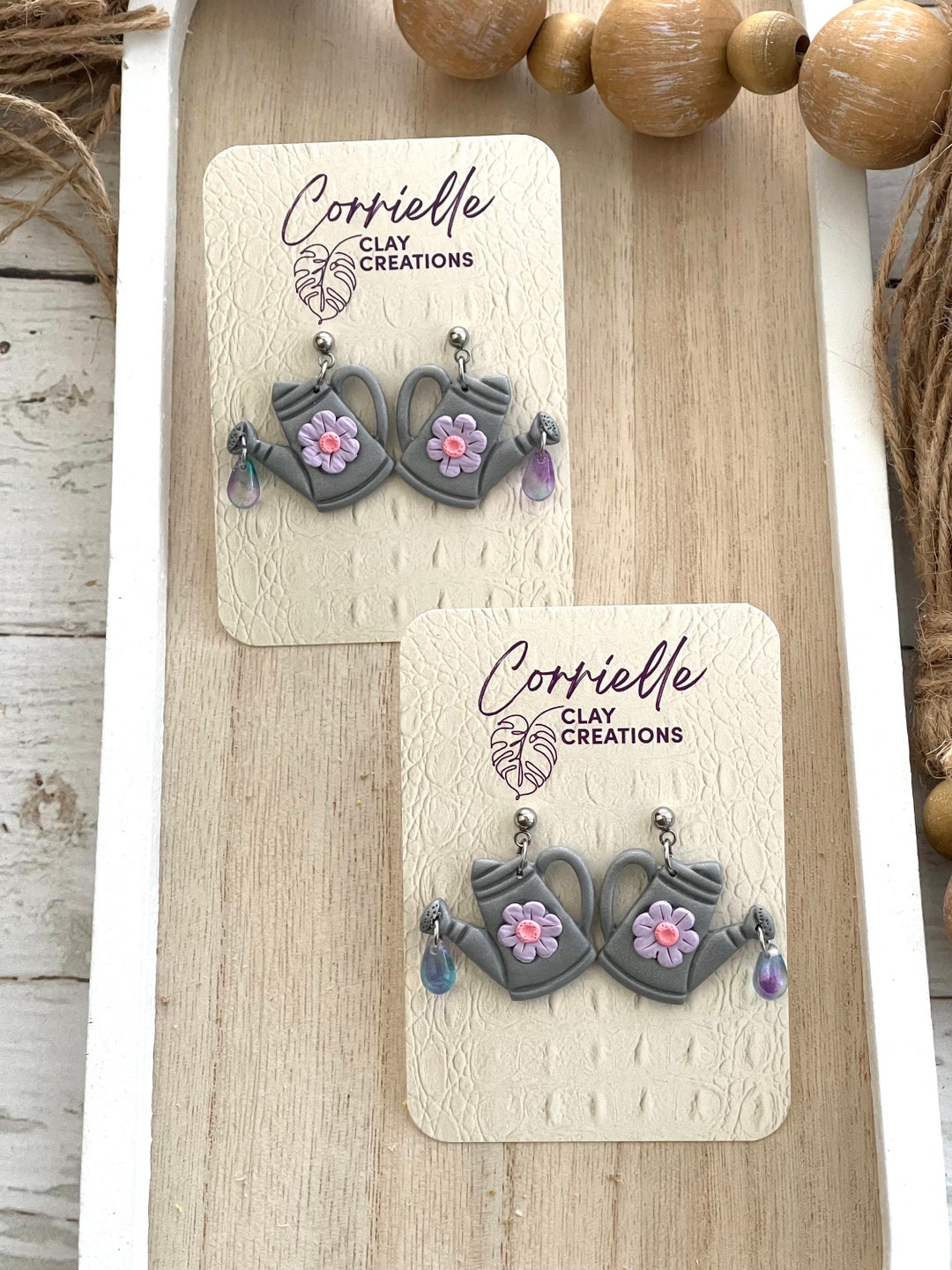 Floral Watering Can With Bead Water Droplet Polymer Clay Earrings Etsy