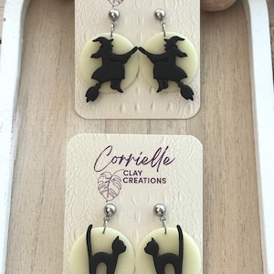 Halloween Glow in the Dark Moon with Black Cat or Witch on a Broom Silhouette Polymer Clay Earrings