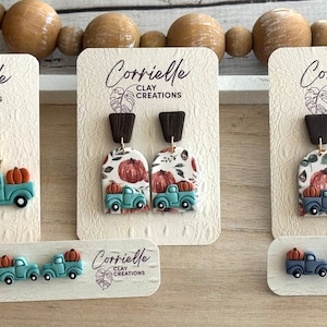 Fall Teal or Blue Truck w/Pumpkin Background, Large Teal Truck w/ Pumpkin Dangle, Teal or Blue Truck w/ Pumpkin Studs Polymer Earrings