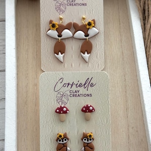Fall Floral Woodland Creatures Fox Dangle  and Fox and Mushroom Stud Pack Polymer Clay Earrings
