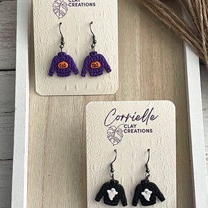Halloween Knit Ghost and Pumpkin Sweater Polymer Clay Earrings