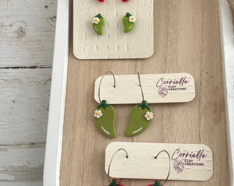 Floral Red and Green Hot Pepper Dangle and Stud Set Polymer Clay Earrings for Cinco De Mayo