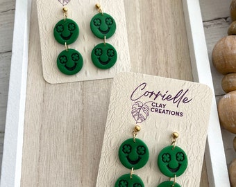 St. Patrick&#39;s Day Double Smiley Face Shamrock Eye Polymer Clay Dangle Earrings